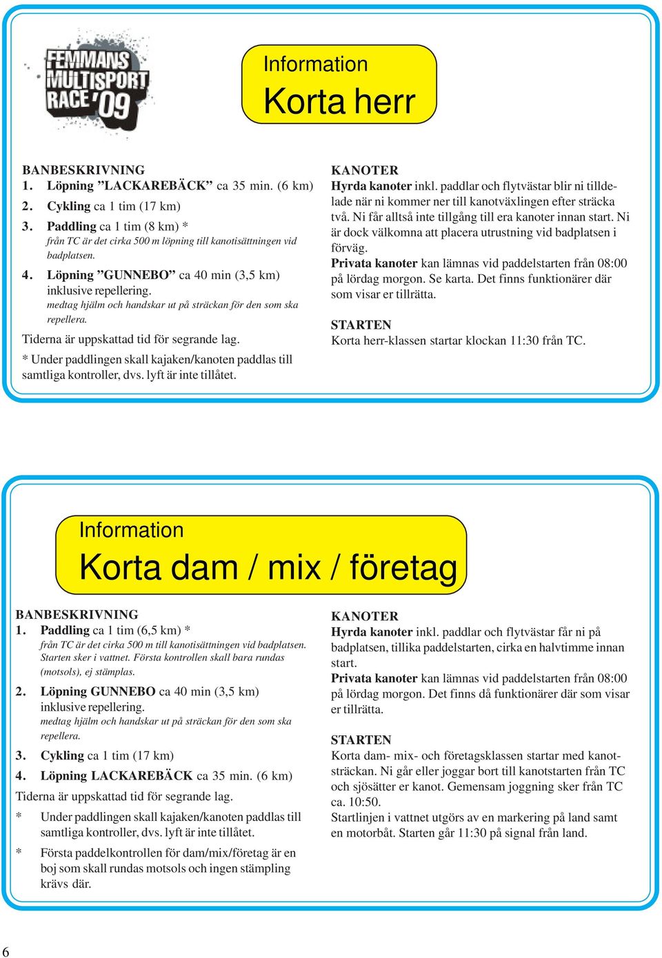 medtag hjälm och handskar ut på sträckan för den som ska repellera. Tiderna är uppskattad tid för segrande lag. * Under paddlingen skall kajaken/kanoten paddlas till samtliga kontroller, dvs.