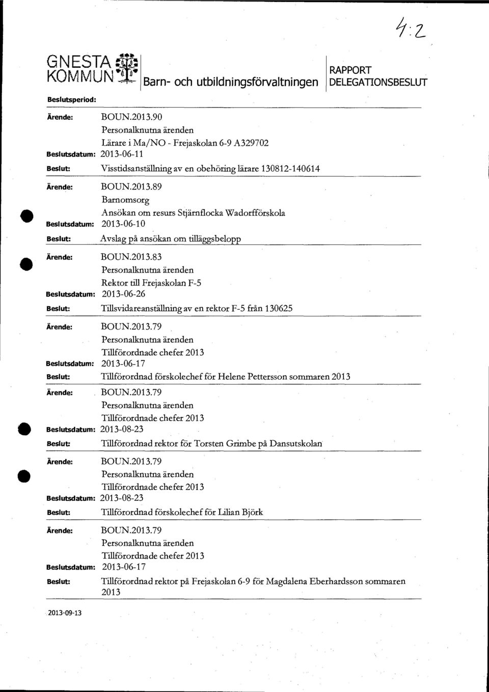 2013.83 Personallmutna ärenden Rektor till Frejaskolan F-5 Beslutsdatum: 2013-06-26 410 Tillsvidareanställning av en rektor F-5 från 130625 4111 Beslutsdatum: Beslutsdatum: Beslutsdatum: 2013-08-23