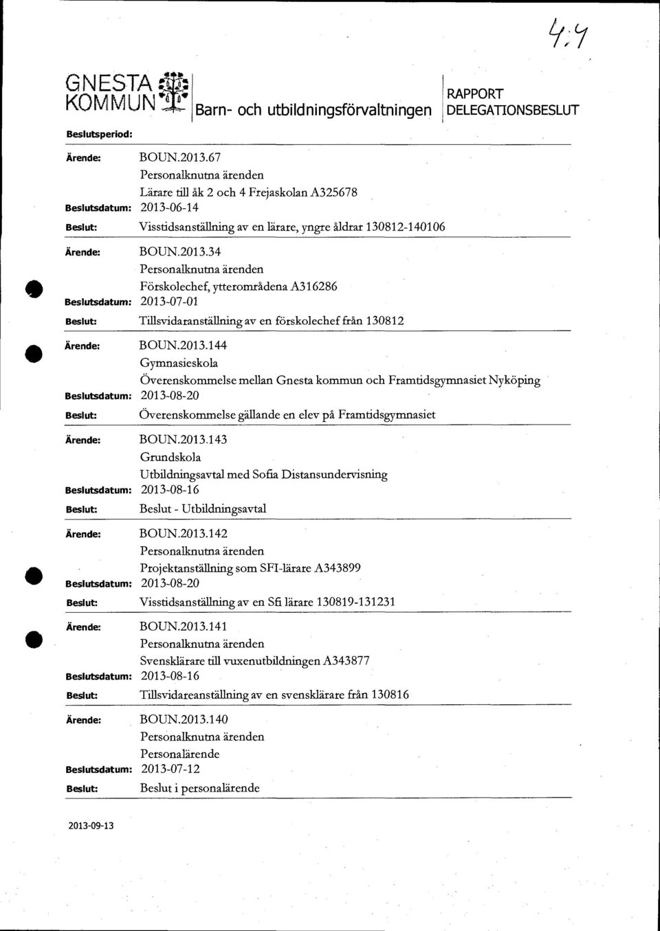 2013.144 Gymnasieskola Överenskommelse mellan Gnesta kommun och Framtidsgymnasiet Nyköping Överenskommelse gällande en elev på Framtidsgymnasiet BOUN.2013.143 Grundskola Utbildningsavtal med Sofia Distansundervisning Beslut - Utbildningsavtal BOUN.