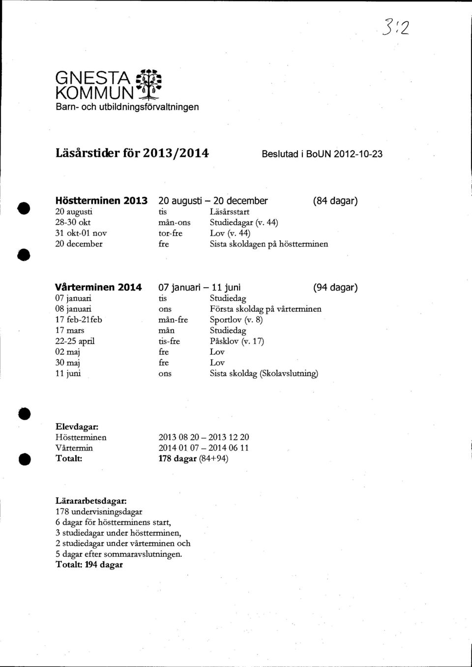 44) Sista skoldagen på höstterminen Vårterminen 2014 07 januari 08 januari 17 feb-21 feb 17 mars 22-25 april 02 maj 30 maj 11 juni 07 januari 11 juni (94 dagar) tis Studiedag ons Första skoldag på