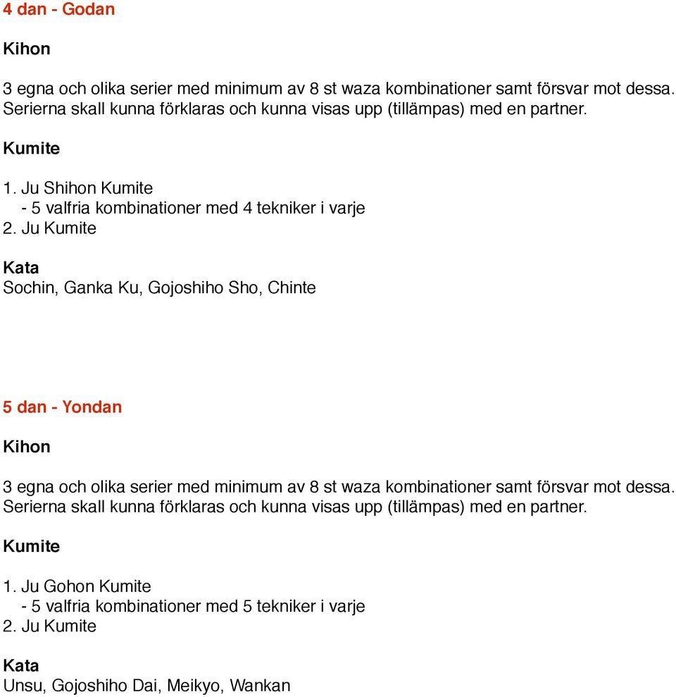 Ju Sochin, Ganka Ku, Gojoshiho Sho, Chinte 5 dan - Yondan 3 egna och olika serier med minimum av 8 st waza kombinationer samt försvar mot