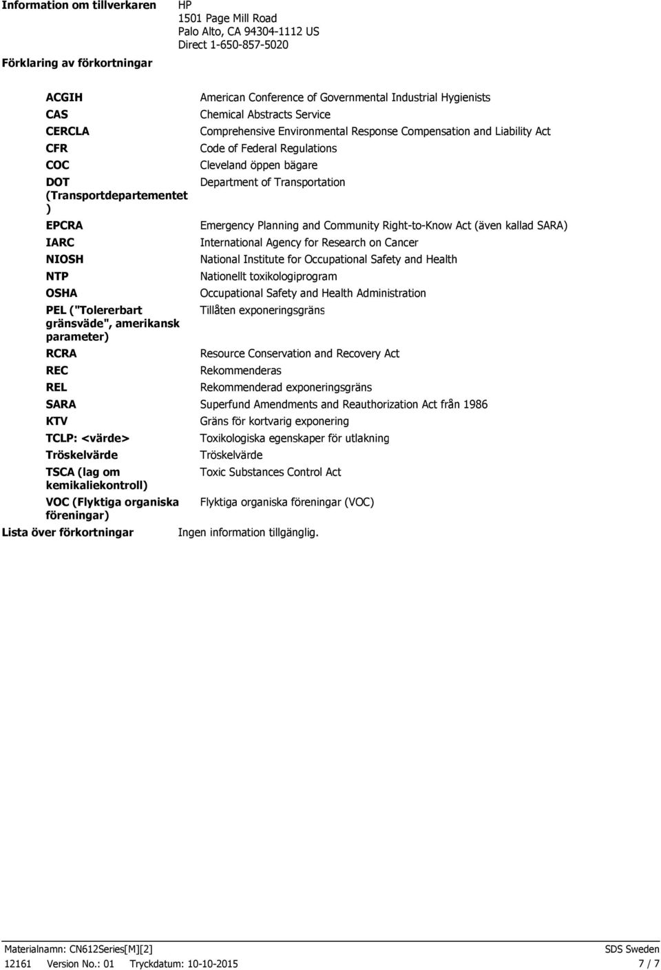 förkortningar American Conference of Governmental Industrial Hygienists Chemical Abstracts Service Comprehensive Environmental Response Compensation and Liability Act Code of Federal Regulations