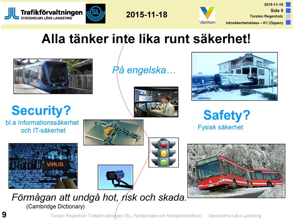 Fysisk säkerhet Förmågan att undgå hot, risk och skada.