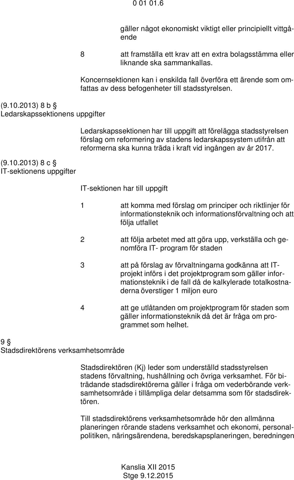 Ledarskapssektionen har till uppgift att förelägga stadsstyrelsen förslag om reformering av stadens ledarskapssystem utifrån att reformerna ska kunna träda i kraft vid ingången av år 2017.