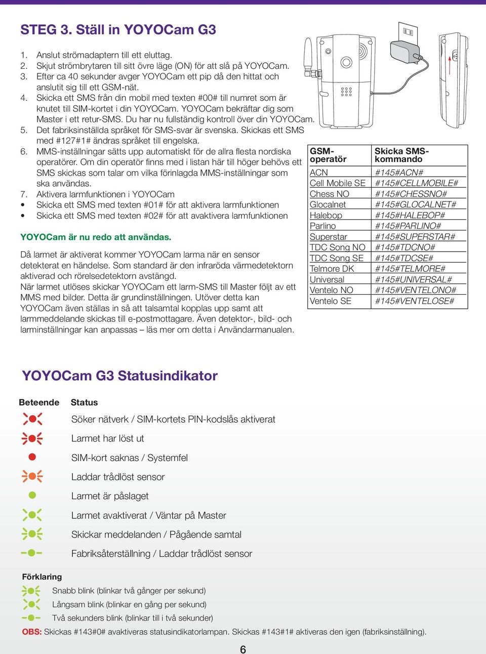 #145#VENTELONO# #145#VENTELOSE# 1. Anslut strömadaptern till ett eluttag. 2. Skjut strömbrytaren till sitt övre läge (ON) för att slå på YOYOCam. 3.