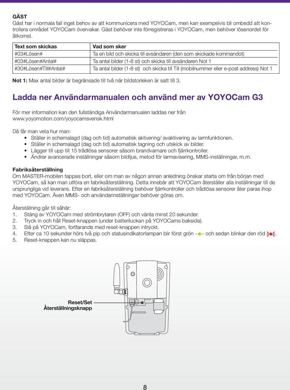 Text som skickas Vad som sker #03#Lösen# Ta en bild och skicka till avsändaren (den som skickade kommandot) #03#Lösen#Antal# Ta antal bilder (1-8 st) och skicka till avsändaren Not 1