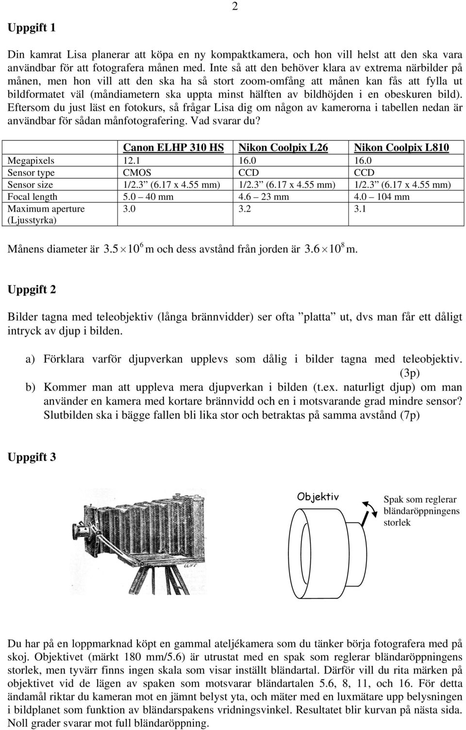 bildhöjden i en obeskuren bild). Eftersom du just läst en fotokurs, så frågar Lisa dig om någon av kamerorna i tabellen nedan är användbar för sådan månfotografering. Vad svarar du?