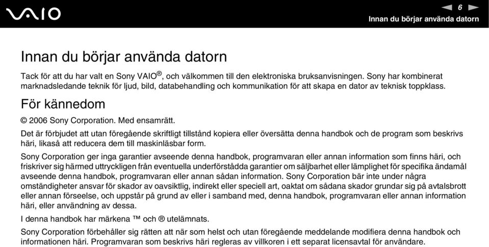 Det är förbjudet att utan föregående skriftligt tillstånd kopiera eller översätta denna handbok och de program som beskrivs häri, likaså att reducera dem till maskinläsbar form.