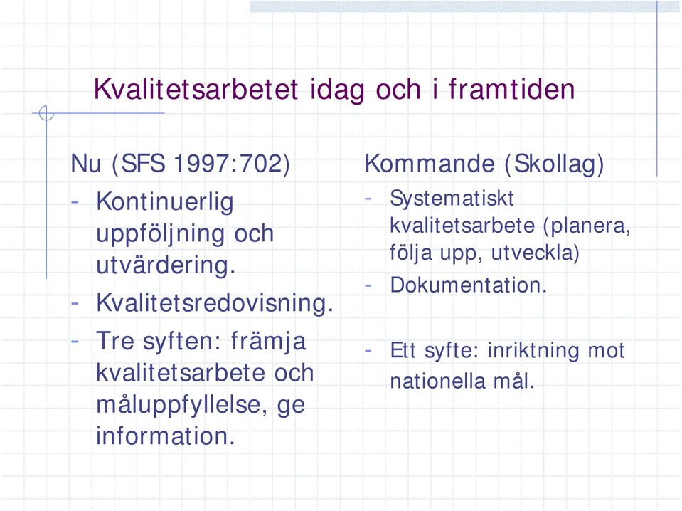 - Tre syften: främja kvalitetsarbete och måluppfyllelse, ge information.