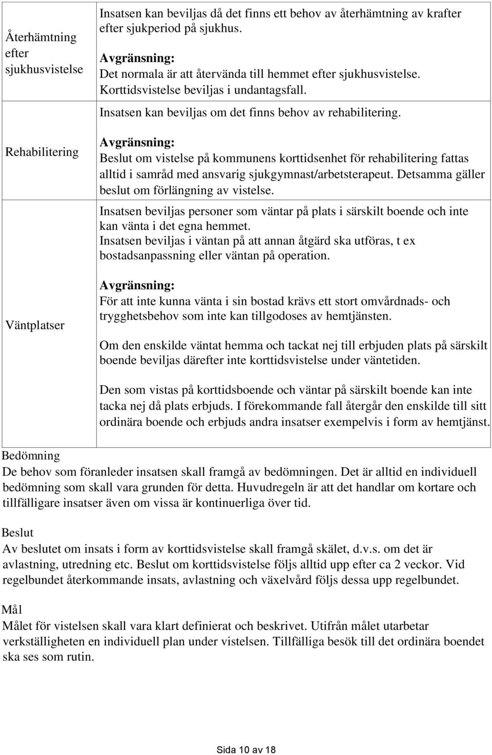 Beslut om vistelse på kommunens korttidsenhet för rehabilitering fattas alltid i samråd med ansvarig sjukgymnast/arbetsterapeut. Detsamma gäller beslut om förlängning av vistelse.