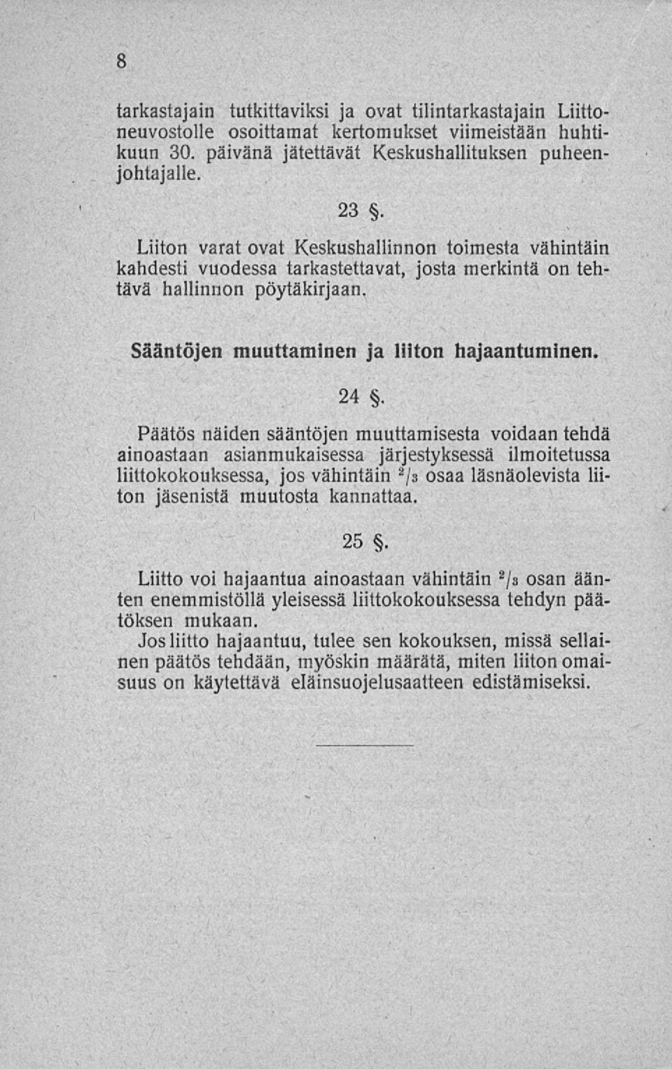 Päätös näiden sääntöjen muuttamisesta voidaan tehdä ainoastaan asianmukaisessa järjestyksessä ilmoitetussa liittokokouksessa, jos vähintäin 2 /3 osaa läsnäolevista liiton jäsenistä muutosta kannattaa.