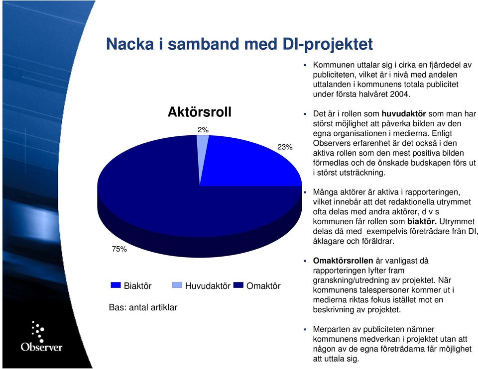 Enligt Observers erfarenhet är det också i den aktiva rollen som den mest positiva bilden förmedlas och de önskade budskapen förs ut i störst utsträckning.