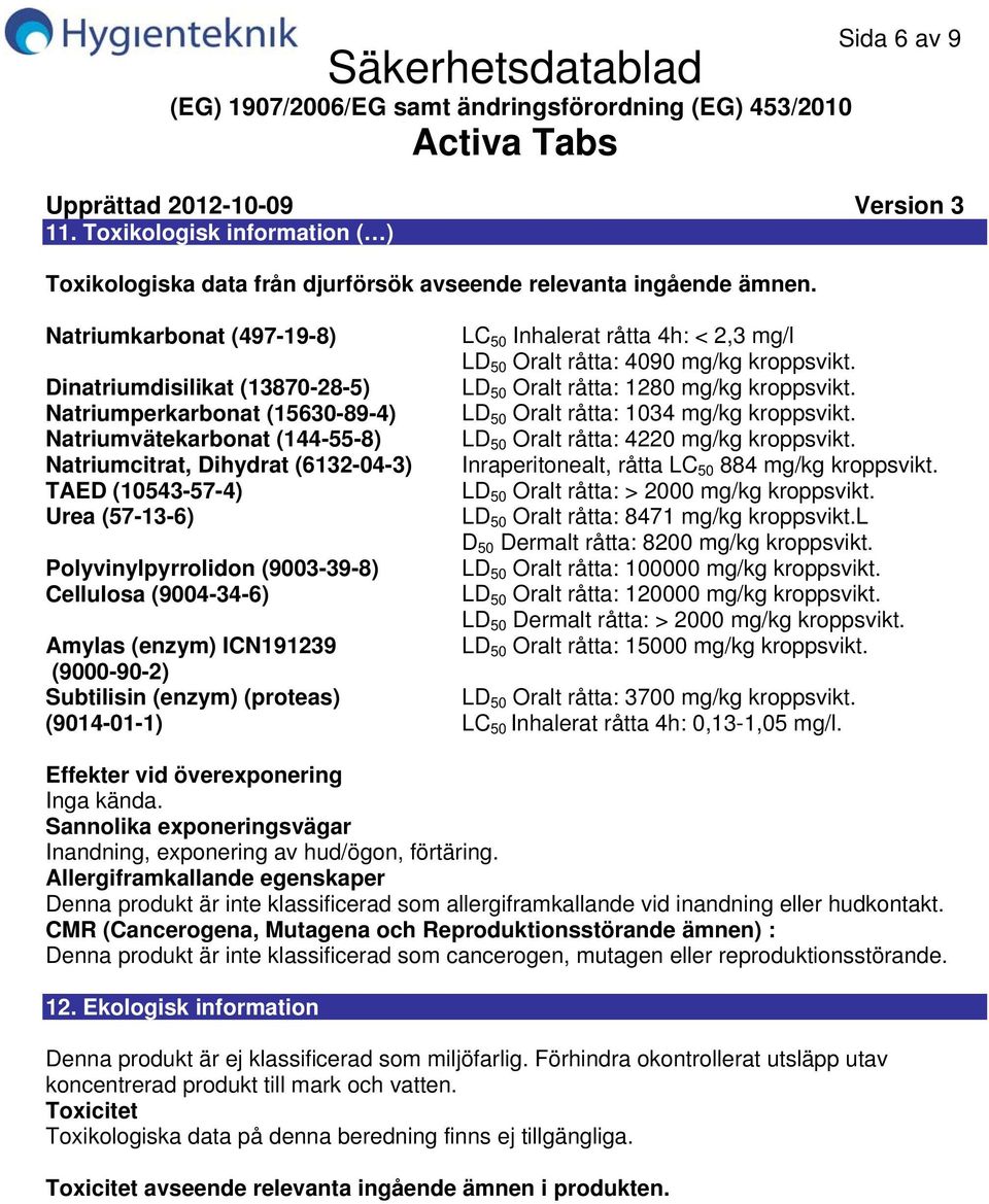 (9003398) Cellulosa (9004346) Amylas (enzym) ICN191239 (9000902) Subtilisin (enzym) (proteas) (9014011) LC 50 Inhalerat råtta 4h: < 2,3 mg/l LD 50 Oralt råtta: 4090 mg/kg kroppsvikt.