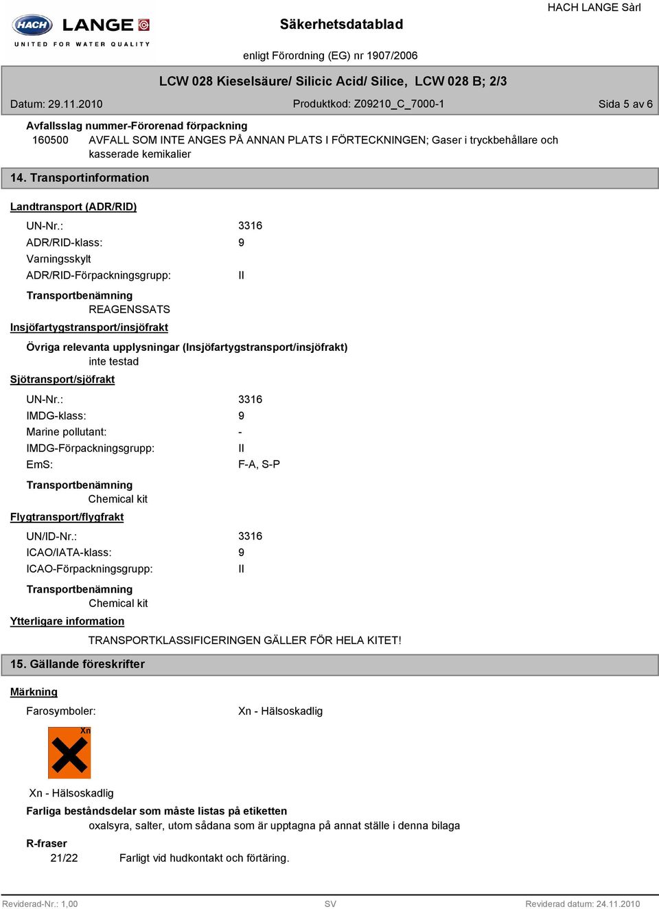 Transportinformation Landtransport (ADR/RID) UN-Nr.