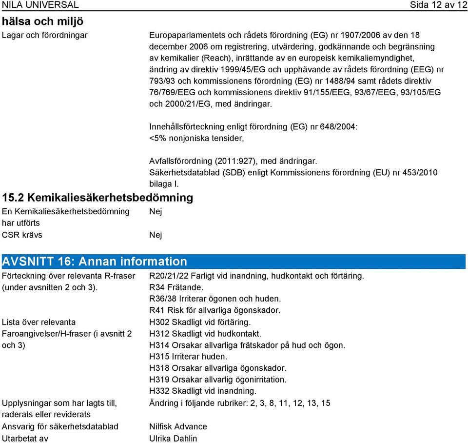 nr 1488/94 samt rådets direktiv 76/769/EEG och kommissionens direktiv 91/155/EEG, 93/67/EEG, 93/105/EG och 2000/21/EG, med ändringar. 15.