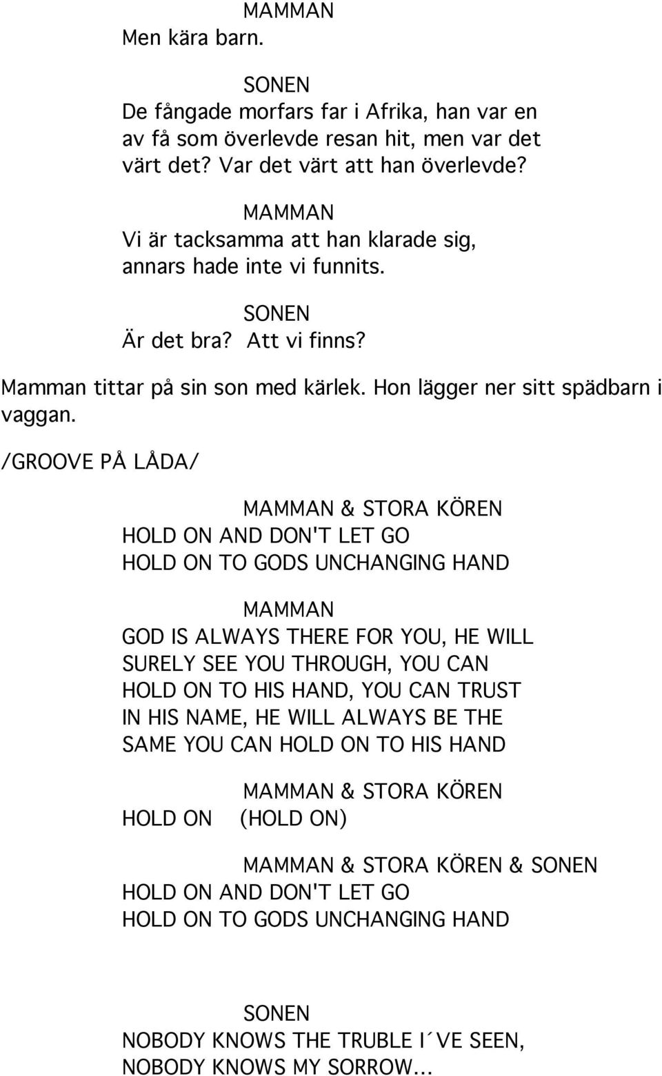 /GROOVE PÅ LÅDA/ MAMMAN & STORA KÖREN HOLD ON AND DON'T LET GO HOLD ON TO GODS UNCHANGING HAND MAMMAN GOD IS ALWAYS THERE FOR YOU, HE WILL SURELY SEE YOU THROUGH, YOU CAN HOLD ON TO HIS HAND, YOU CAN