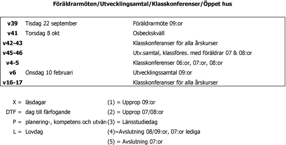 med föräldrar 07 & 08:or v4-5 Klasskonferenser 06:or, 07:or, 08:or v6 Onsdag 10 februari Utvecklingssamtal 09:or v16-17 Klasskonferanser för alla