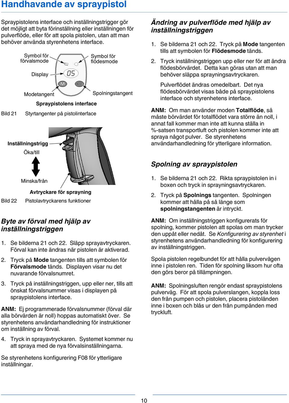 Bild 21 Symbol för förvalsmode Display Modetangent Spraypistolens interface Styrtangenter på pistolinterface Inställningstrigg Öka/till Symbol för flödesmode Spolningstangent Ändring av pulverflöde