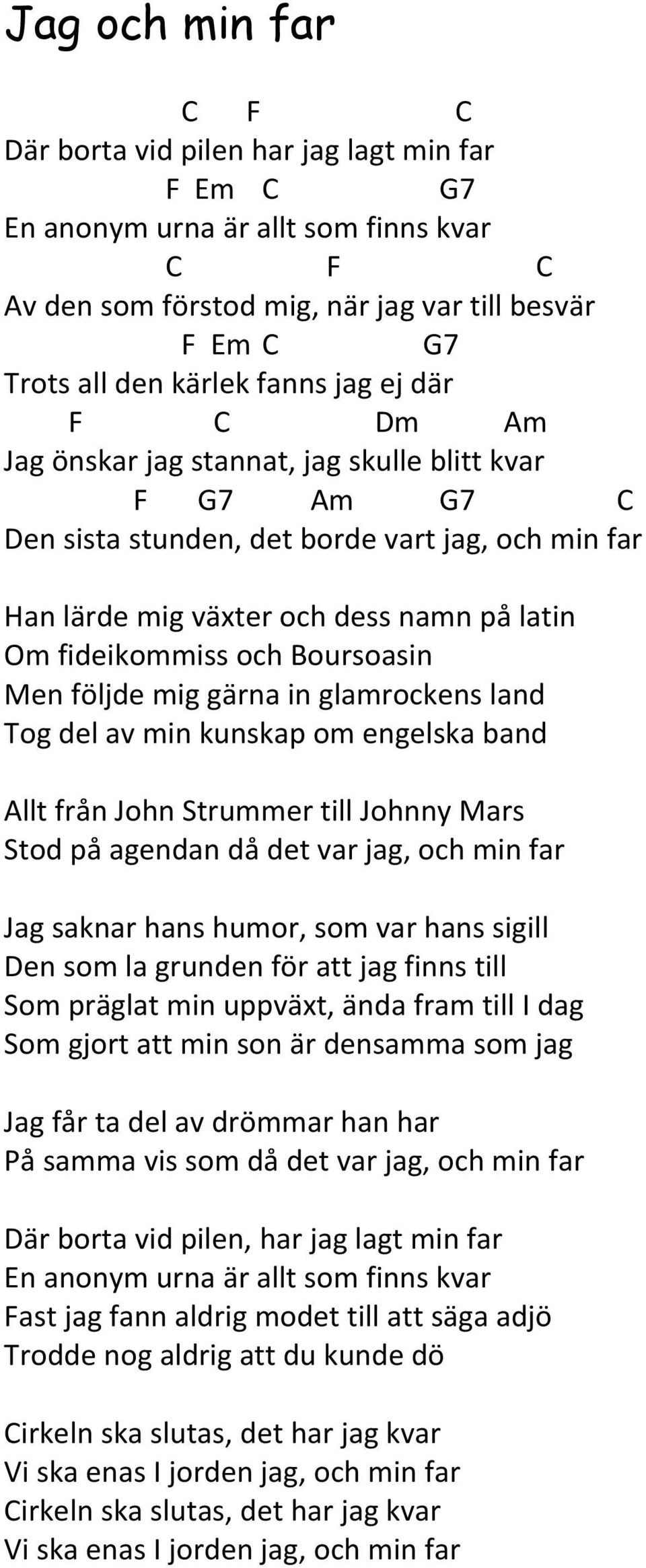 och Boursoasin Men följde mig gärna in glamrockens land Tog del av min kunskap om engelska band Allt från John Strummer till Johnny Mars Stod på agendan då det var jag, och min far Jag saknar hans