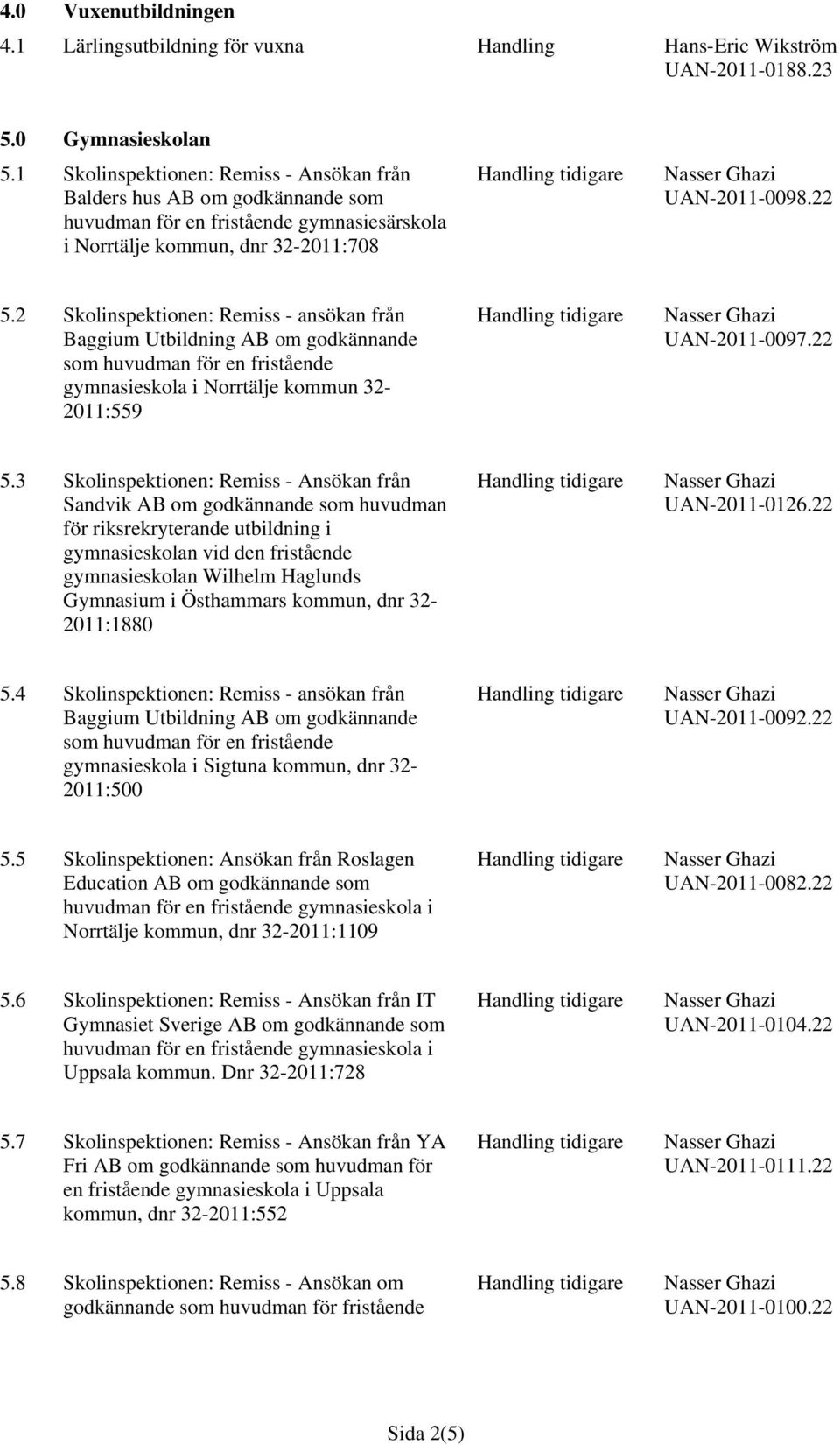 2 Skolinspektionen: Remiss - ansökan från gymnasieskola i Norrtälje kommun 32-2011:559 UAN-2011-0097.22 5.