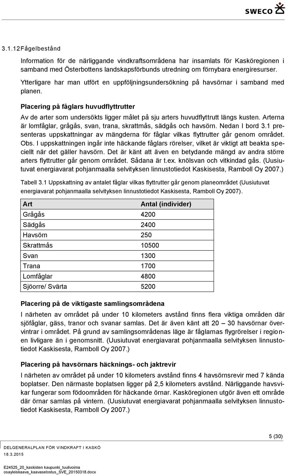 Placering på fåglars huvudflyttrutter Av de arter som undersökts ligger målet på sju arters huvudflyttrutt längs kusten. Arterna är lomfåglar, grågås, svan, trana, skrattmås, sädgås och havsörn.