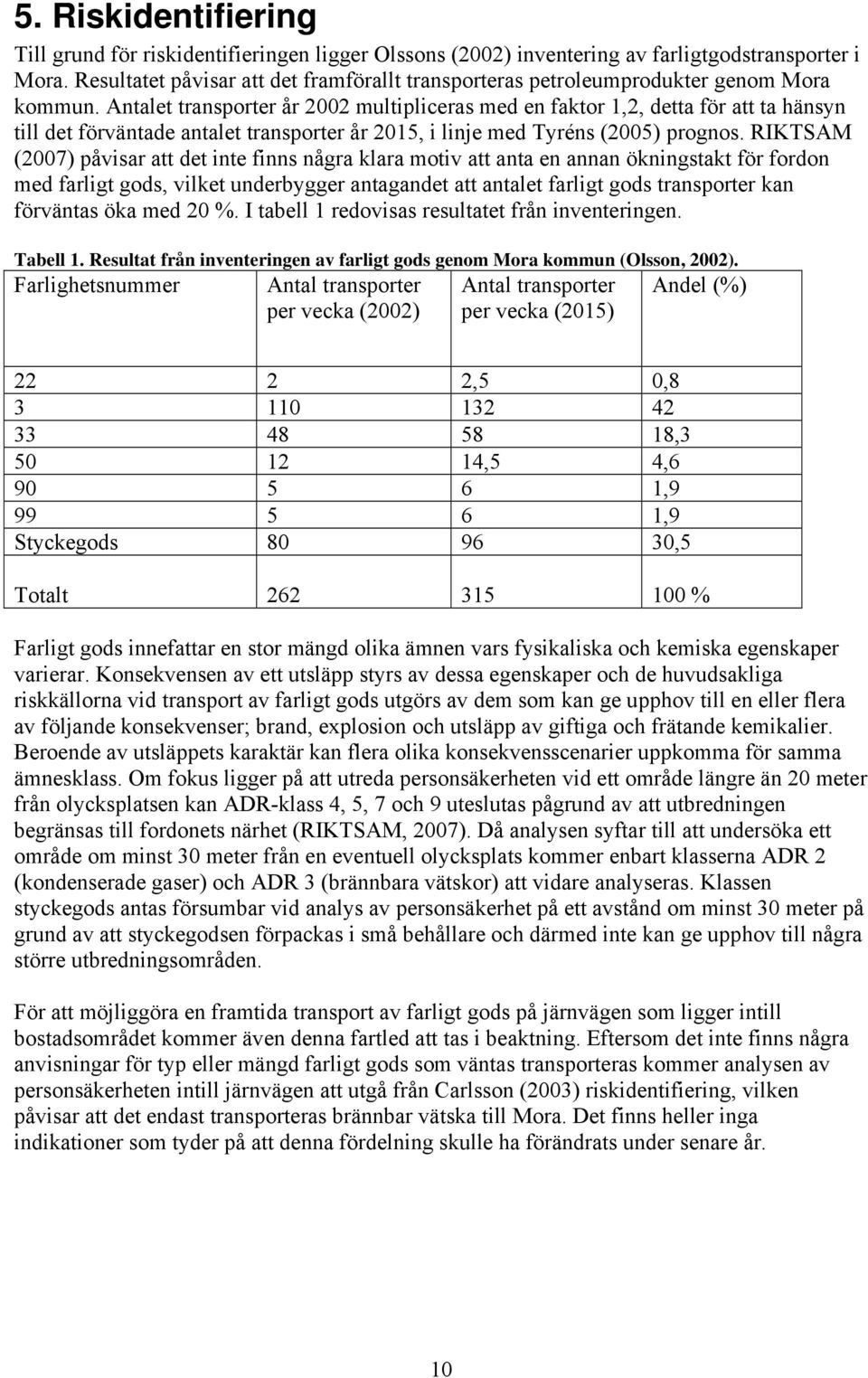 Antalet transporter år 2002 multipliceras med en faktor 1,2, detta för att ta hänsyn till det förväntade antalet transporter år 2015, i linje med Tyréns (2005) prognos.