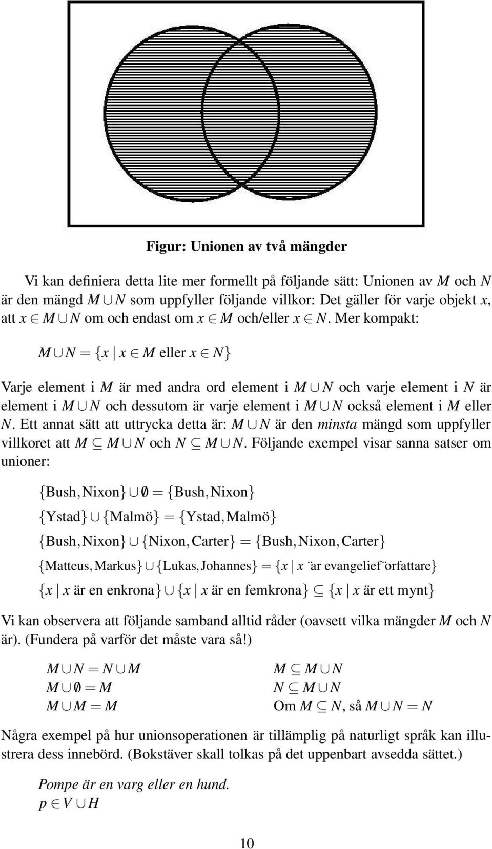 Mer kompakt: M N = {x x M eller x N} Varje element i M är med andra ord element i M N och varje element i N är element i M N och dessutom är varje element i M N också element i M eller N.