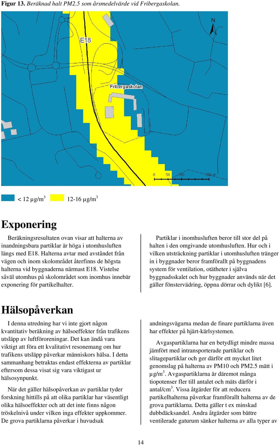 Halterna avtar med avståndet från vägen och inom skolområdet återfinns de högsta halterna vid byggnaderna närmast E18.