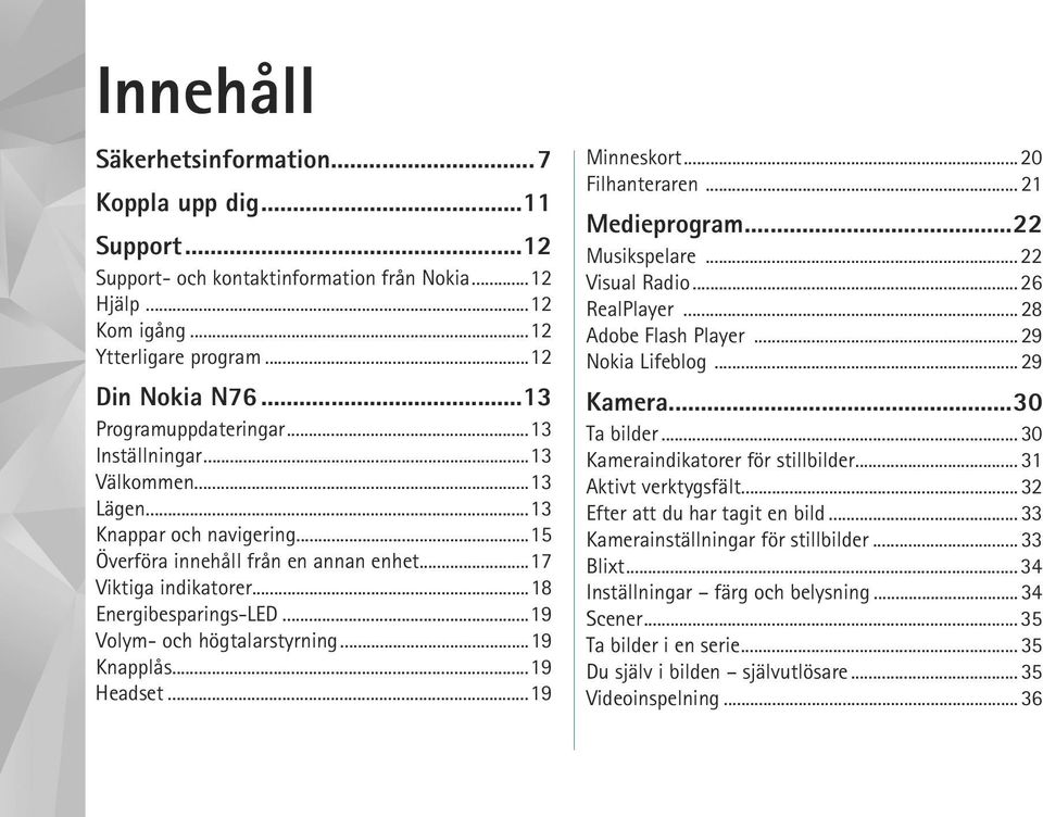 ..19 Volym- och högtalarstyrning...19 Knapplås...19 Headset...19 Minneskort... 20 Filhanteraren... 21 Medieprogram...22 Musikspelare... 22 Visual Radio... 26 RealPlayer... 28 Adobe Flash Player.