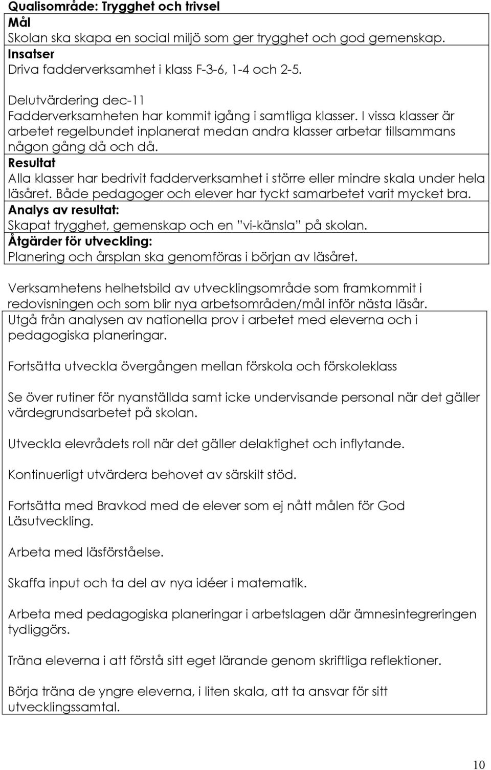 Alla klasser har bedrivit fadderverksamhet i större eller mindre skala under hela läsåret. Både pedagoger och elever har tyckt samarbetet varit mycket bra.