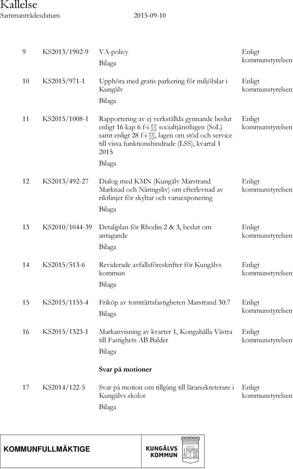 (Kungälv Marstrand Marknad och Näringsliv) om efterlevnad av riktlinjer för skyltar och varuexponering Bilaga 13 KS2010/1044-39 Detaljplan för Rhodin 2 & 3, beslut om antagande Bilaga 14 KS2015/513-6