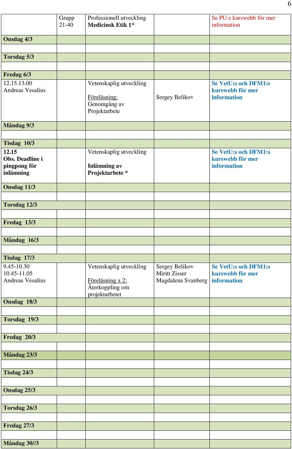 Deadline i pingpong för inlämning Inlämning av Projektarbete * Onsdag 11/3 Torsdag 12/3 Fredag 13/3 Måndag 16/3 Tisdag 17/3 9.45-10.