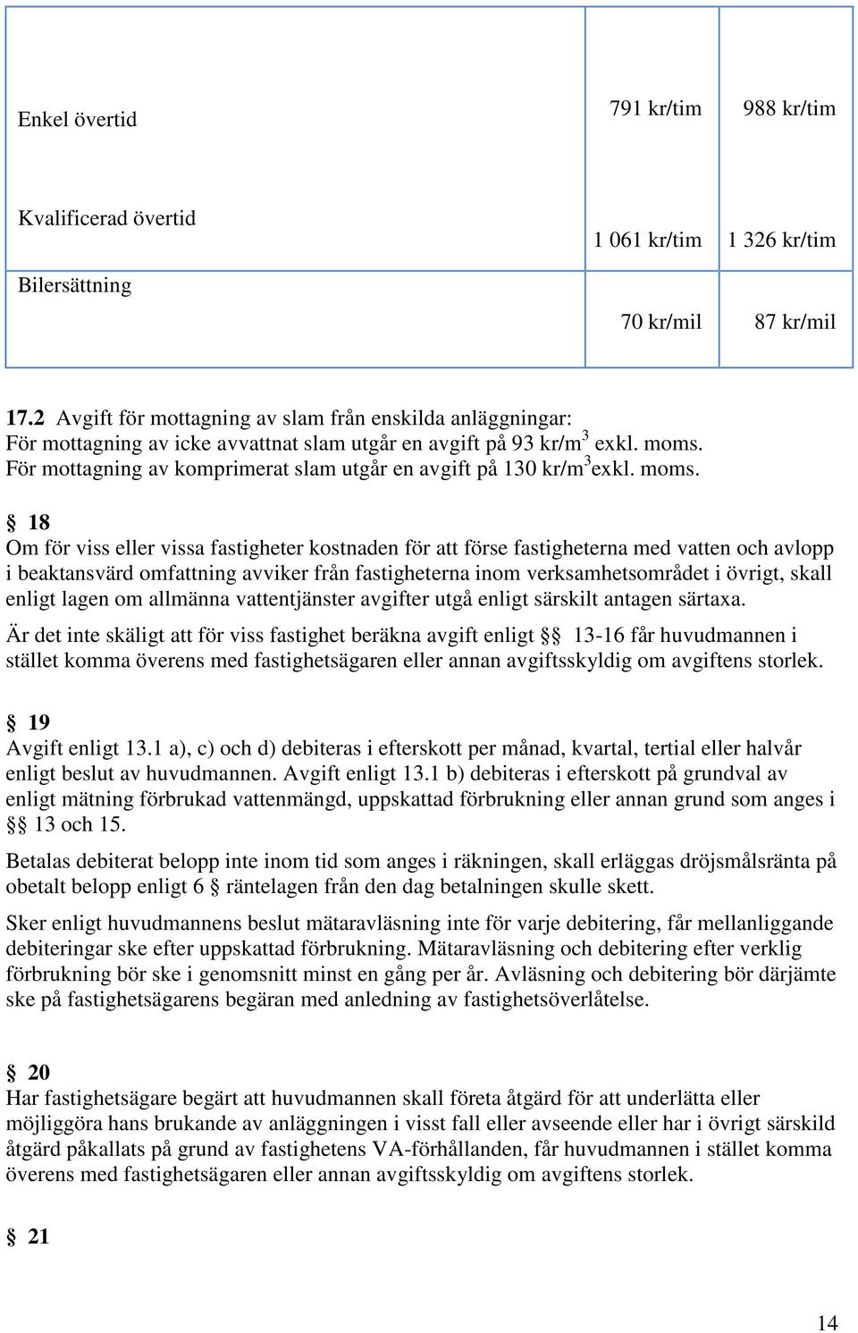 För mottagning av komprimerat slam utgår en avgift på 130 kr/m 3 exkl. moms.