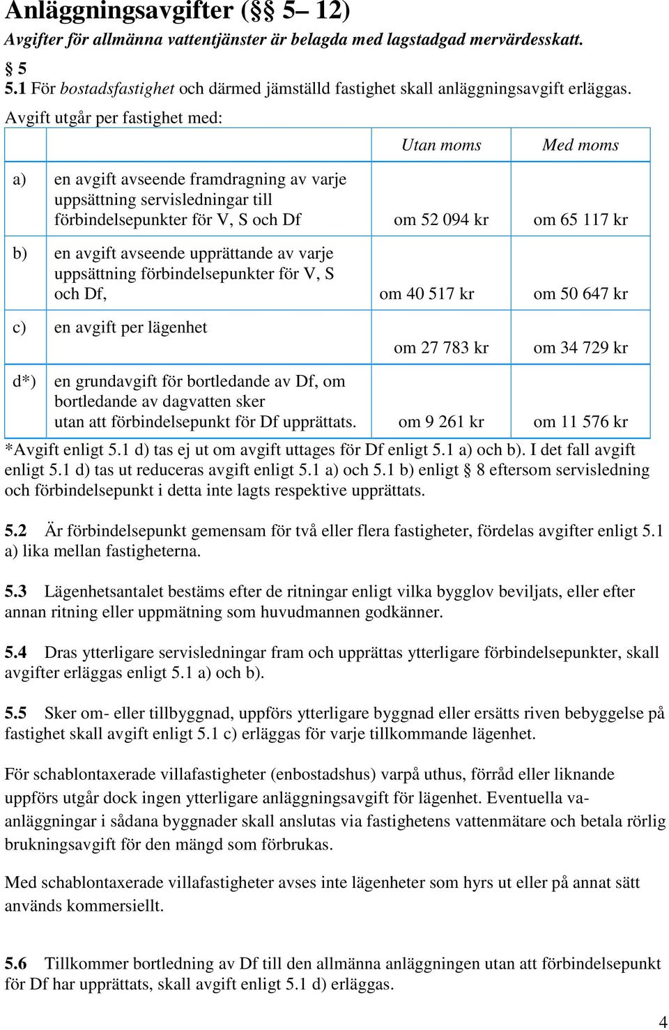 avgift avseende upprättande av varje uppsättning förbindelsepunkter för V, S och Df, om 40 517 kr om 50 647 kr c) en avgift per lägenhet om 27 783 kr om 34 729 kr d*) en grundavgift för bortledande