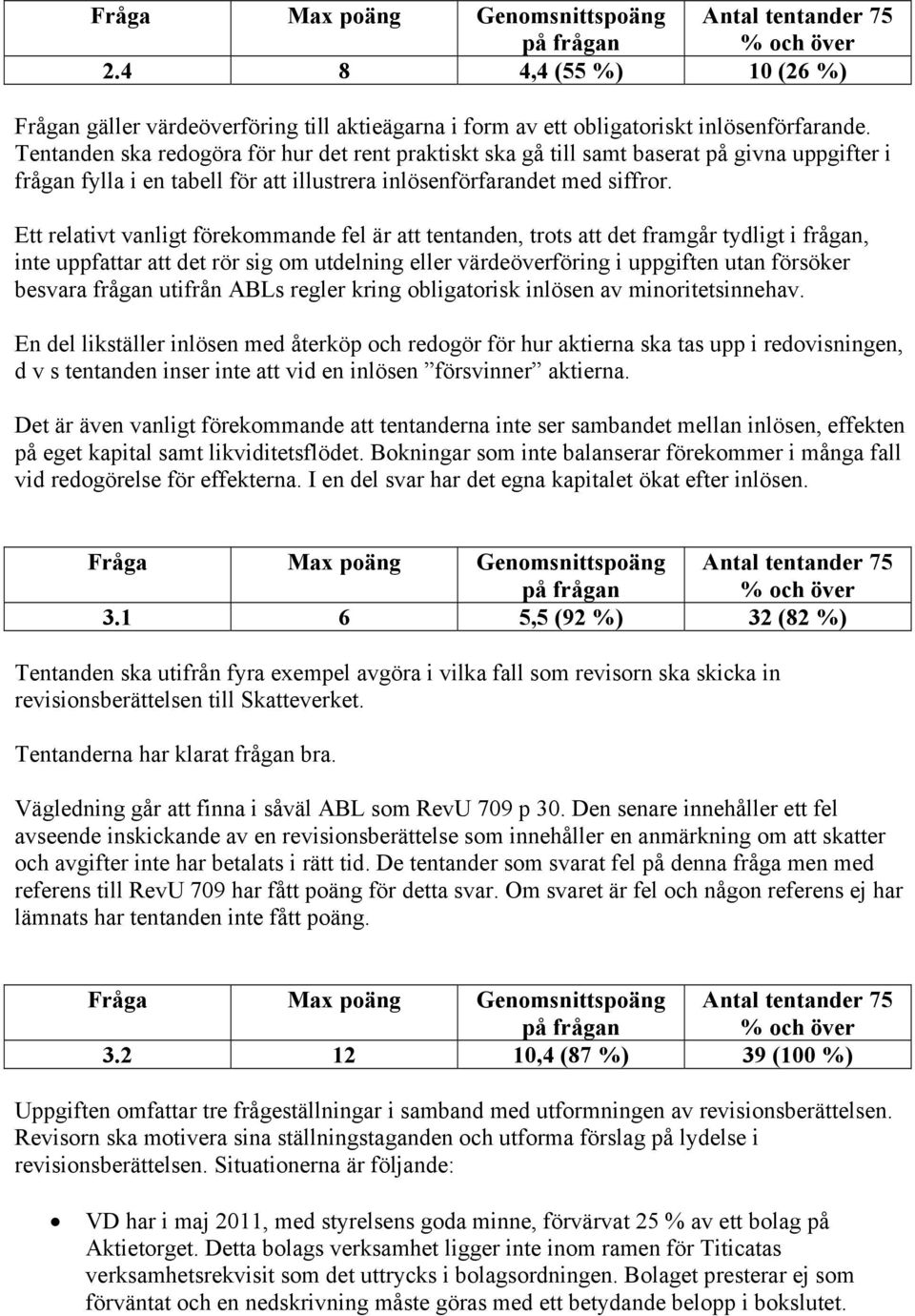 Ett relativt vanligt förekommande fel är att tentanden, trots att det framgår tydligt i frågan, inte uppfattar att det rör sig om utdelning eller värdeöverföring i uppgiften utan försöker besvara