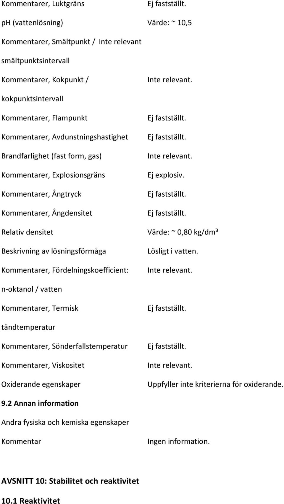 Brandfarlighet (fast form, gas) Kommentarer, Explosionsgräns Kommentarer, Ångtryck Kommentarer, Ångdensitet Relativ densitet Beskrivning av lösningsförmåga Kommentarer, Fördelningskoefficient: Ej