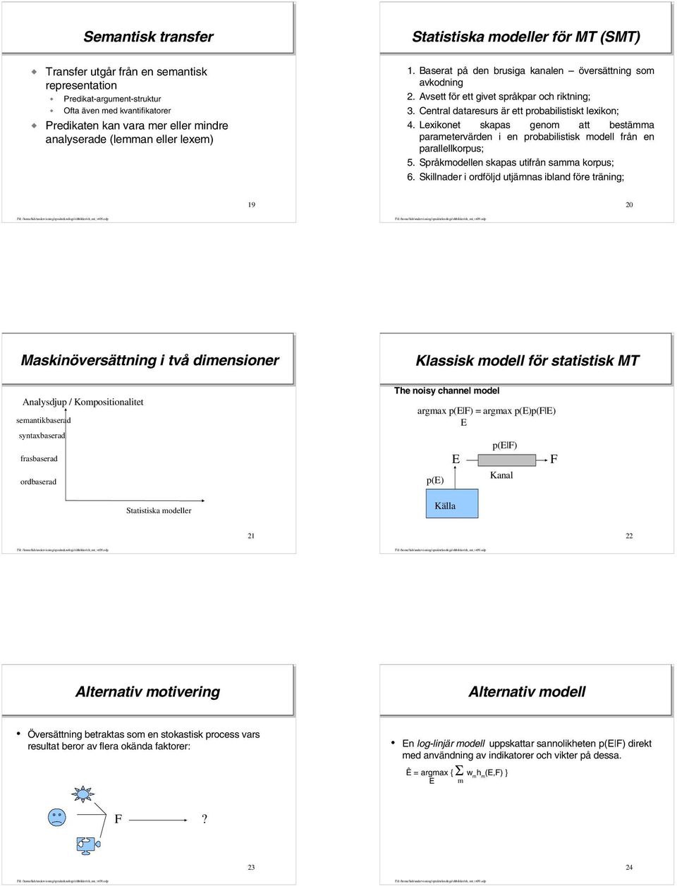 Lexikonet skapas genom att bestämma parametervärden i en probabilistisk modell från en parallellkorpus; 5. Språkmodellen skapas utifrån samma korpus; 6.