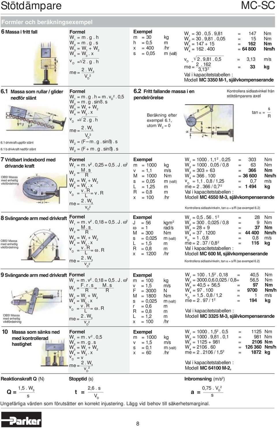 162 3,13 2 = 33 kg Val i kapacitetstabellen : Modell MC 3350 M-1, självkompenserande 6.1 Massa som rullar / glider nedför slänt 6.1 drivkraft uppför slänt 6.1 b drivkraft nedför slänt Formel = m. g. h = m.