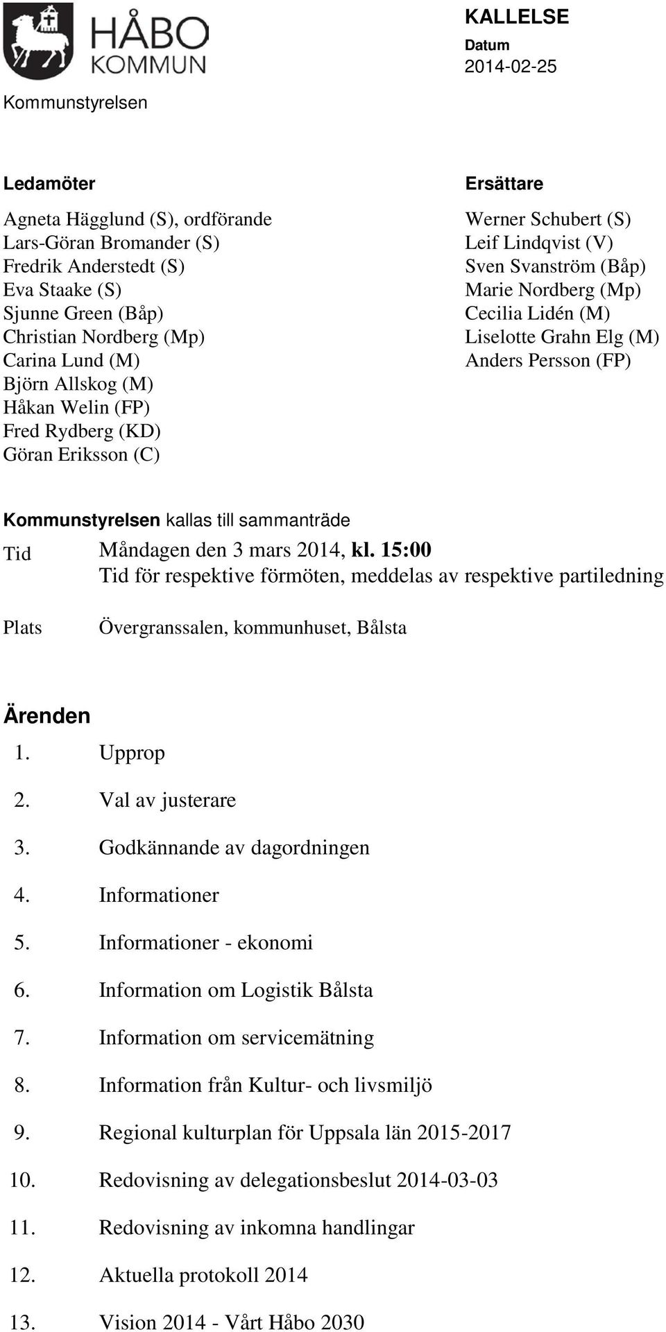 Grahn Elg (M) Anders Persson (FP) Kommunstyrelsen kallas till sammanträde Tid Måndagen den 3 mars 2014, kl.