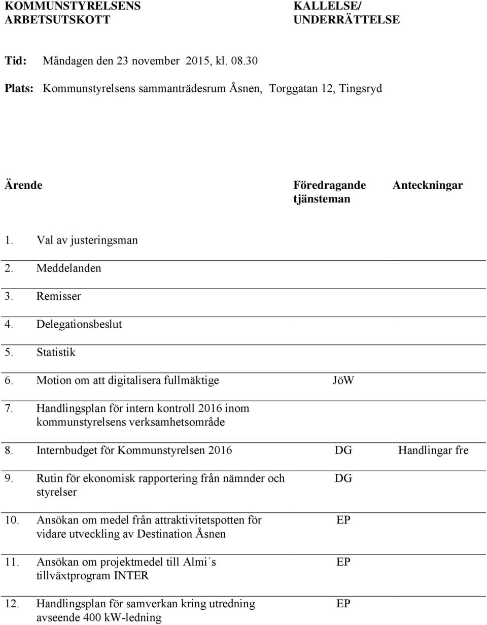 Statistik 6. Motion om att digitalisera fullmäktige JöW 7. Handlingsplan för intern kontroll 2016 inom kommunstyrelsens verksamhetsområde 8.