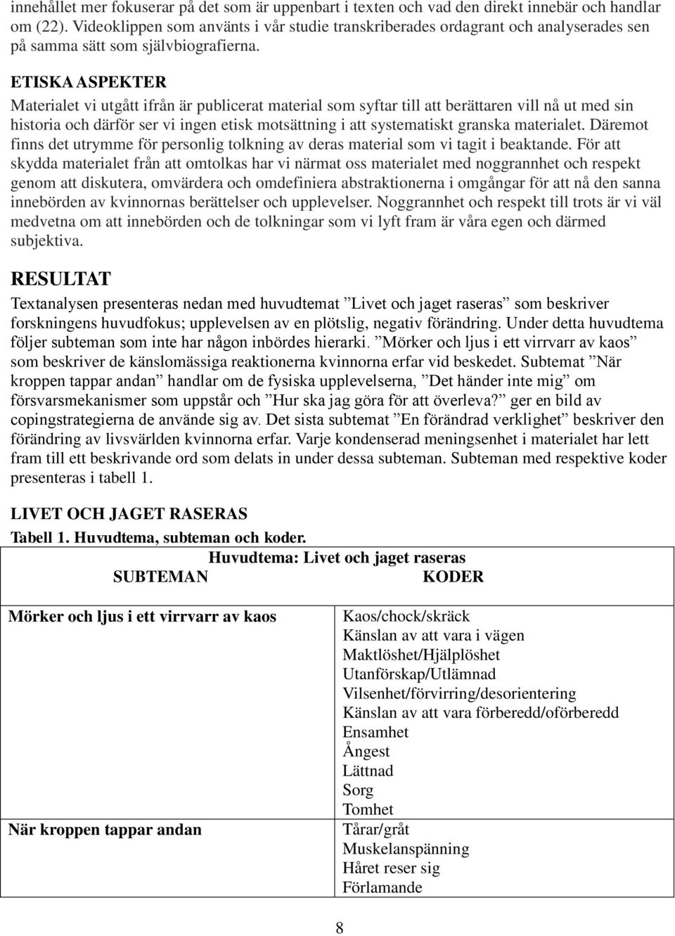 ETISKA ASPEKTER Materialet vi utgått ifrån är publicerat material som syftar till att berättaren vill nå ut med sin historia och därför ser vi ingen etisk motsättning i att systematiskt granska