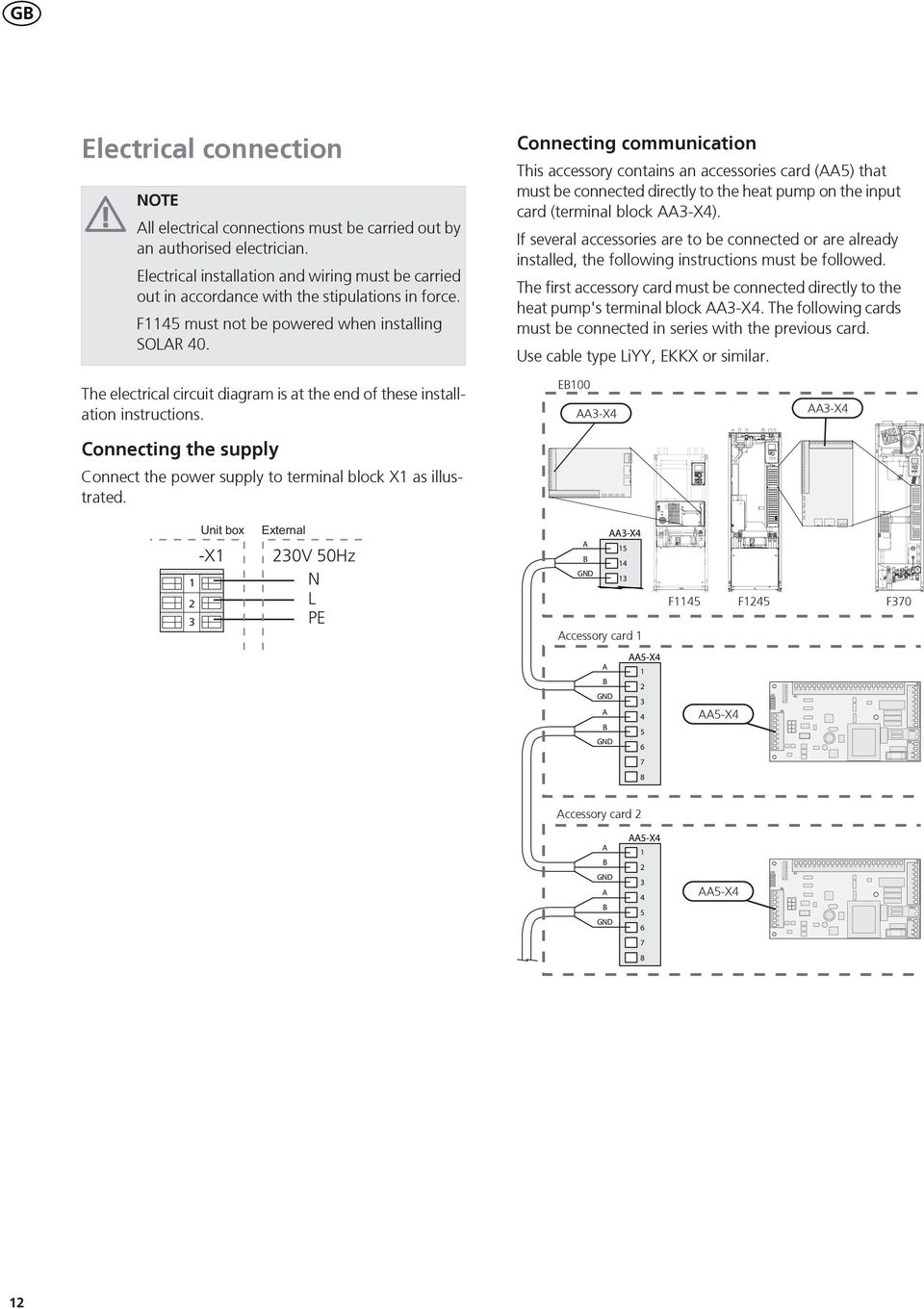 Connecting communication This accessory contains an accessories card () that must be connected directly to the heat pump on the input card (terminal block -X).