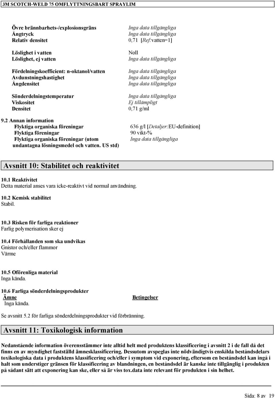 2 Annan information Flyktiga organiska föreningar 636 g/l [Detaljer:EU-definition] Flyktiga föreningar 90 vikt-% Flyktiga organiska föreningar (utom Inga data a undantagna lösningsmedel och vatten.