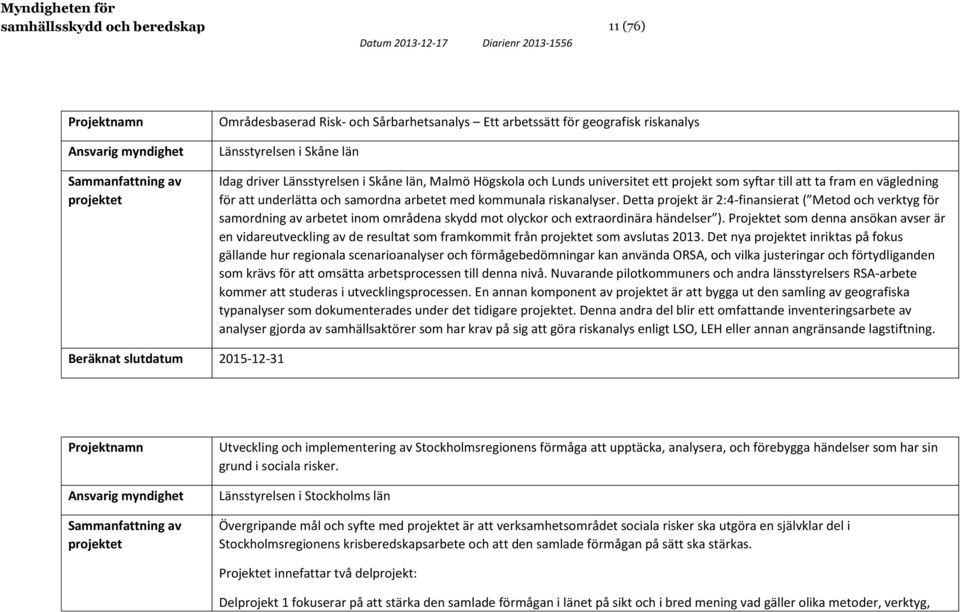 Detta projekt är 2:4-finansierat ( Metod och verktyg för samordning av arbetet inom områdena skydd mot olyckor och extraordinära händelser ).