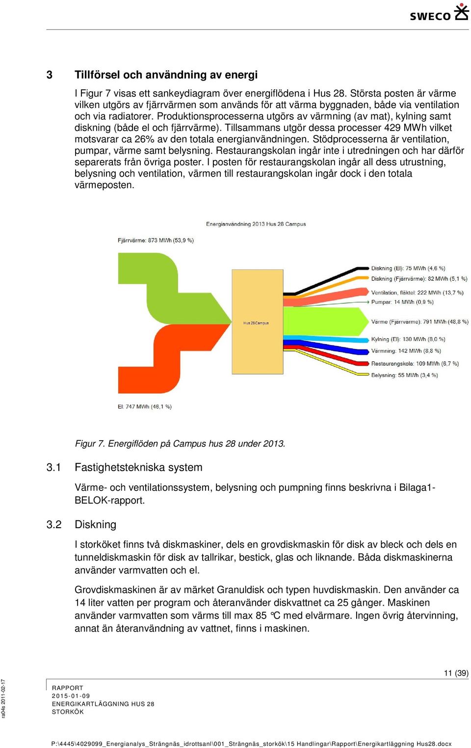 Produktionsprocesserna utgörs av värmning (av mat), kylning samt diskning (både el och fjärrvärme). Tillsammans utgör dessa processer 429 MWh vilket motsvarar ca 26% av den totala energianvändningen.