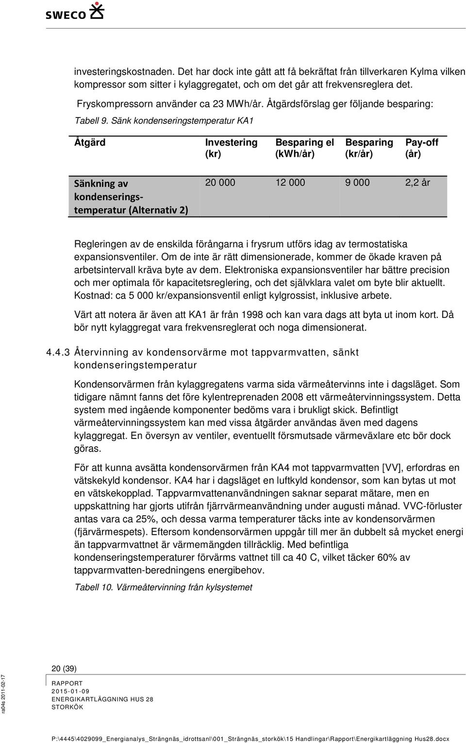 Sänk kondenseringstemperatur KA1 Åtgärd Investering (kr) el (kwh/år) (kr/år) Pay-off (år) Sänkning av kondenseringstemperatur (Alternativ 2) 20 000 12 000 9 000 2,2 år Regleringen av de enskilda