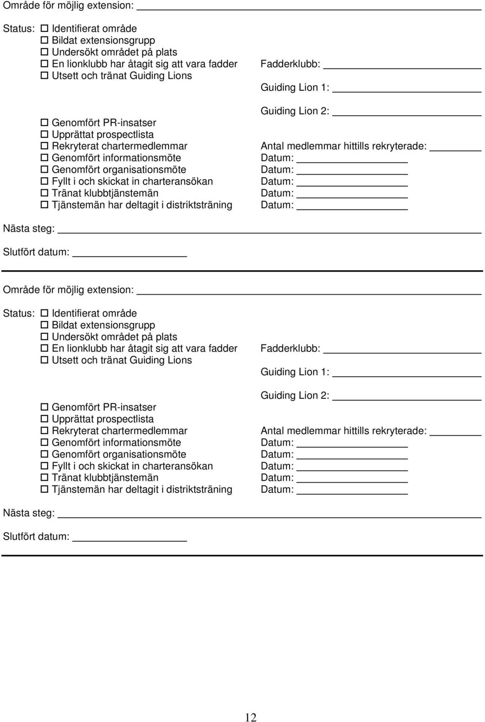 deltagit i distriktsträning Fadderklubb: Guiding Lion 1: Guiding Lion 2: Antal medlemmar hittills rekryterade: Nästa steg: Slutfört datum:   deltagit i distriktsträning Fadderklubb: Guiding Lion 1: