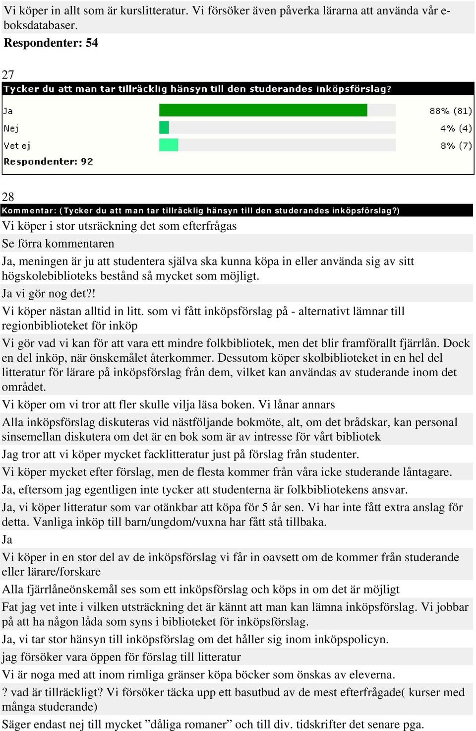 ) Vi köper i stor utsräckning det som efterfrågas Se förra kommentaren Ja, meningen är ju att studentera själva ska kunna köpa in eller använda sig av sitt högskolebiblioteks bestånd så mycket som