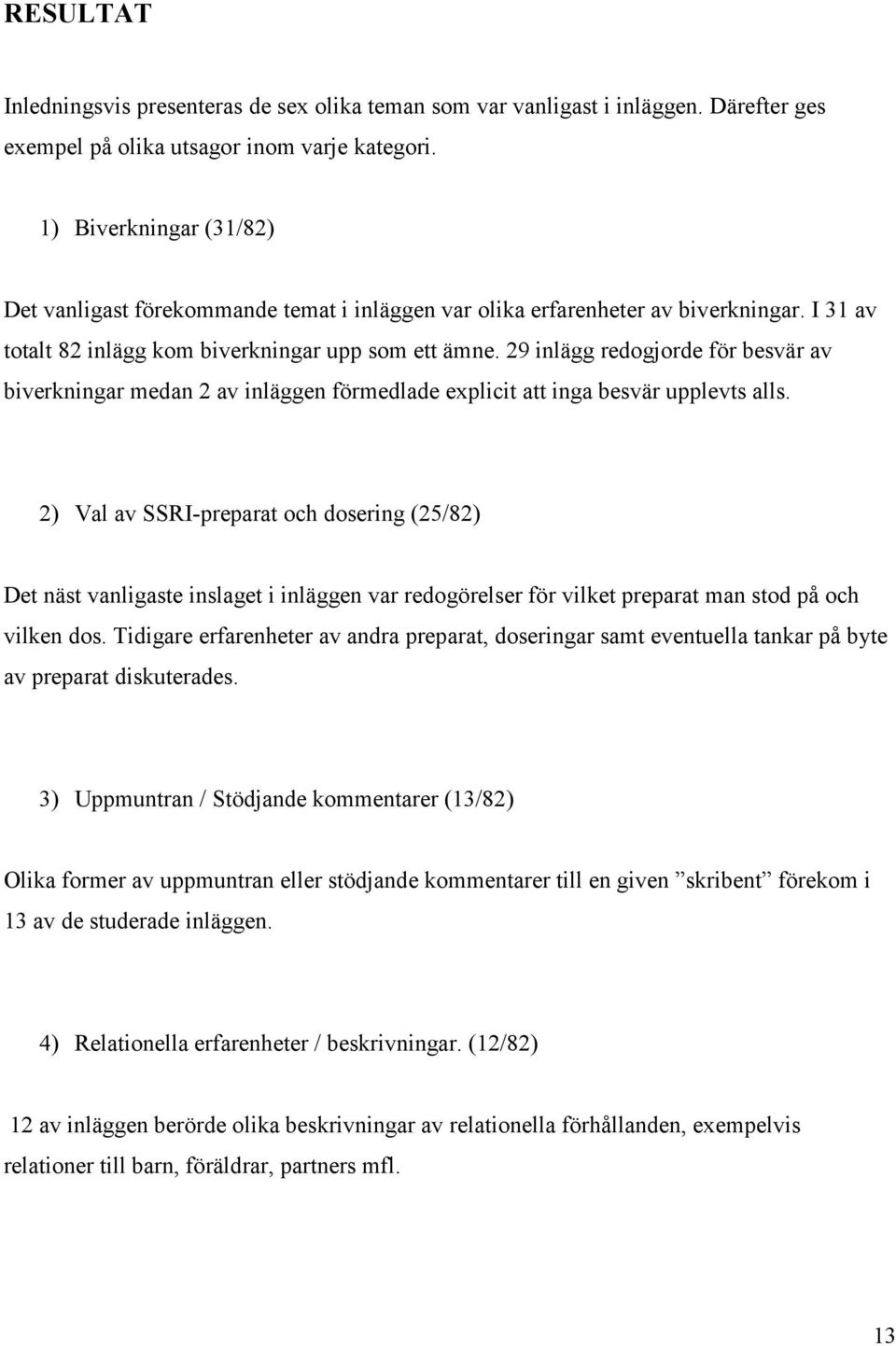 29 inlägg redogjorde för besvär av biverkningar medan 2 av inläggen förmedlade explicit att inga besvär upplevts alls.