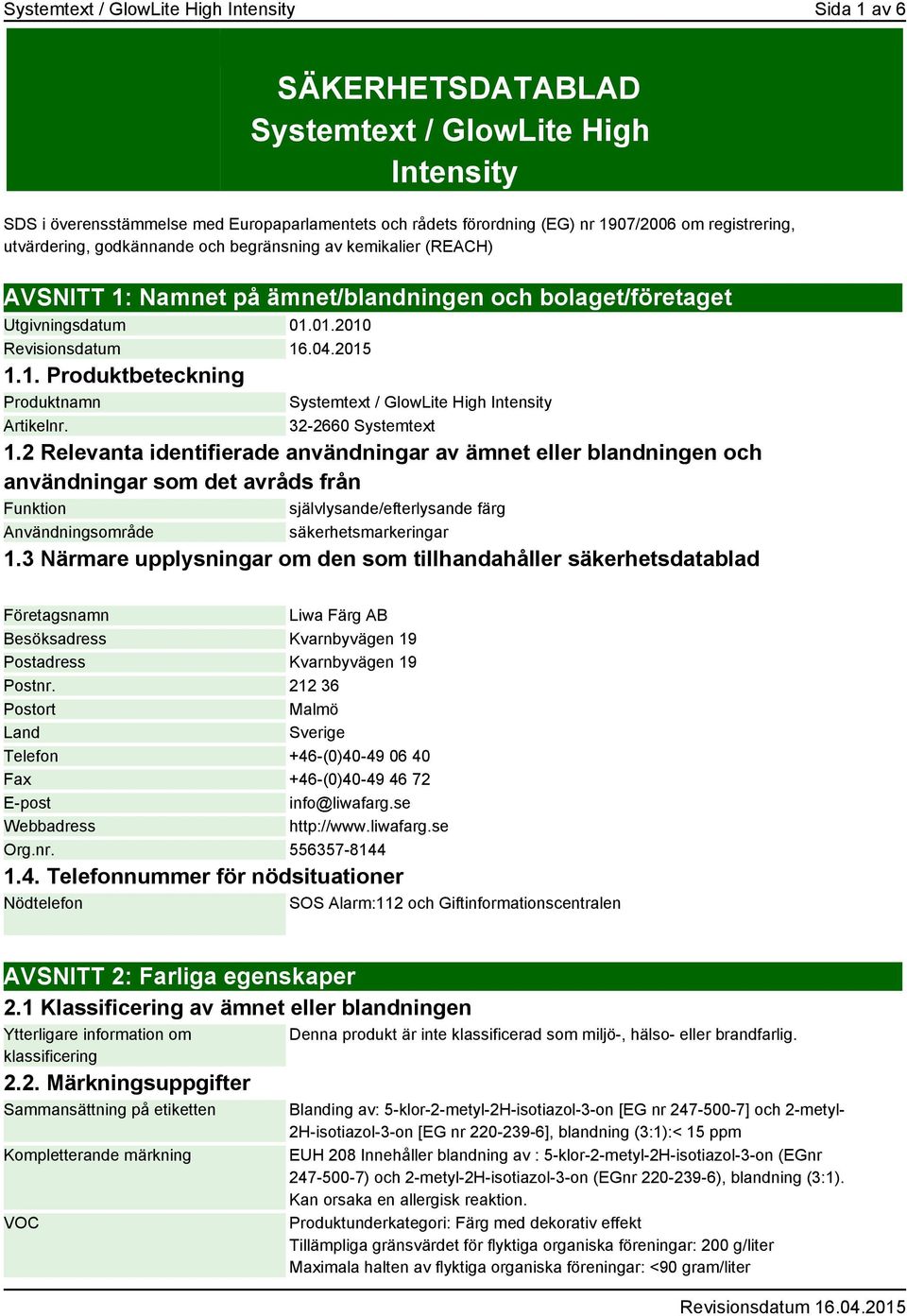 Systemtext / GlowLite High Intensity 32-2660 Systemtext 1.